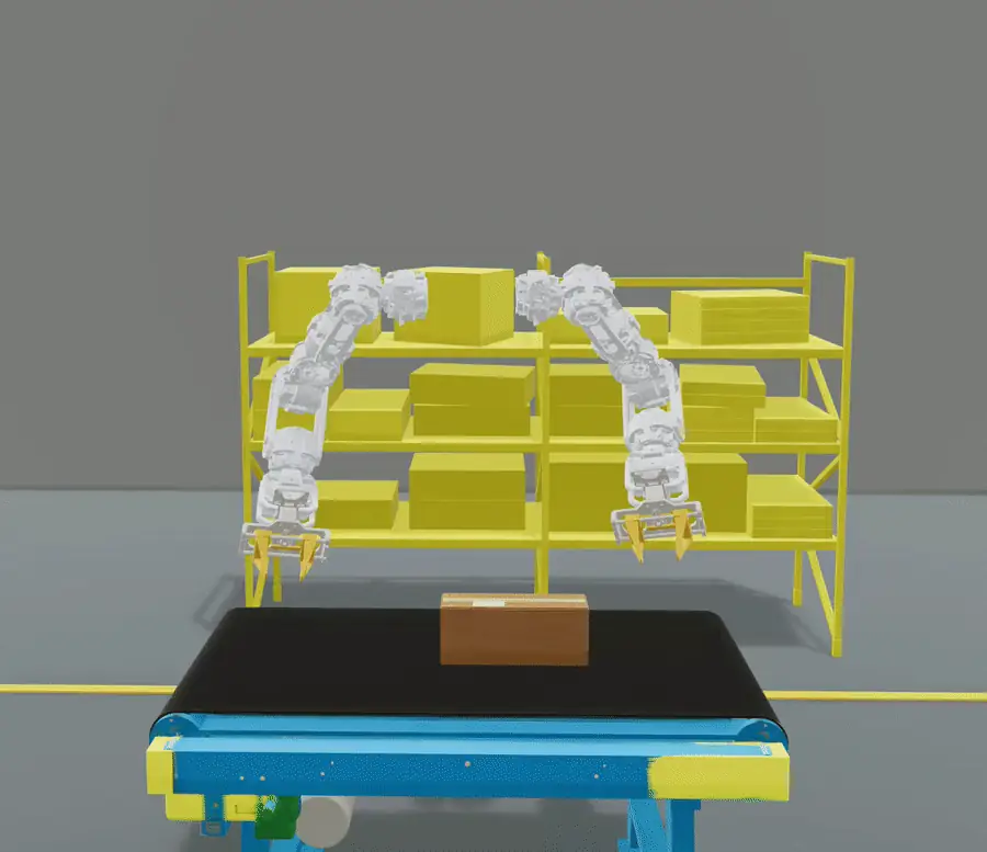 The trained policy flipping a carton on a moving conveyor belt in simulation